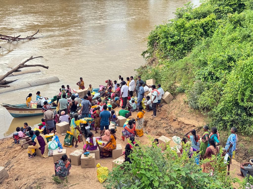 Relief volunteers distributing aid supplies